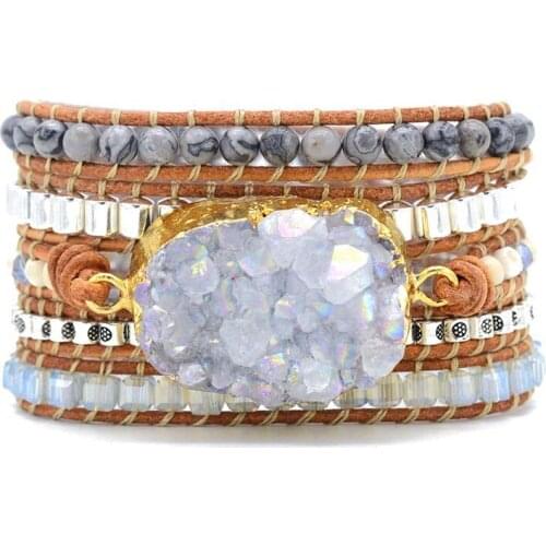 Leather Bracelets Unique Mixed Natural Stones Quartz Druzy Charm 5 Strands Wrap Bracelets Handmade Druzy Bracelet Dropship