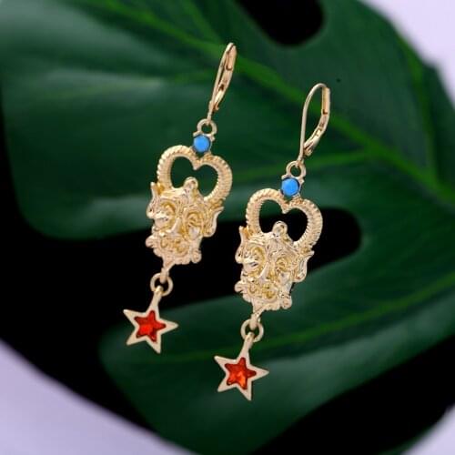 Religious Shaman Mage Mask Ox Horn Red Crystal Star Drop Earrings For Women Gifts Fashion Jewelry Wholesale