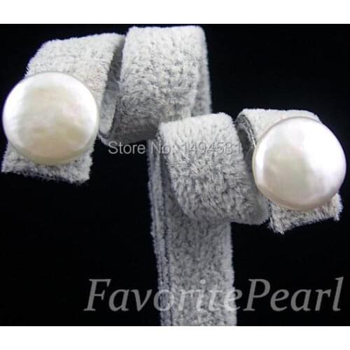 Wholesale Pearl Earrings - AAA 13.5-14MM White Natural Freshwater Coin Pearl Stud Earrings Bridesmaid Jewelry - Free Shipping