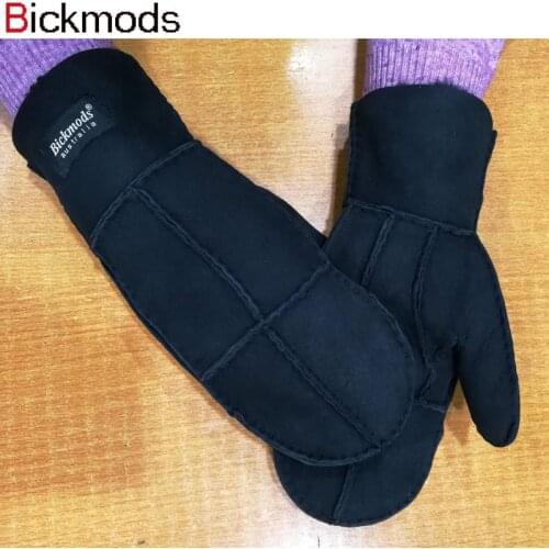 Sheepskin Fur Gloves Womens Winter Cold Warm Mens Leather Thicken Mittens Hand Sewn Black Sheepskin Wool