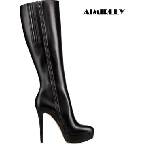 Women Ladies Round Toe High Heel Platform Knee High Boots Black Full Zipper Winter Party Fashion Shoes Footwear Size 4~15.5