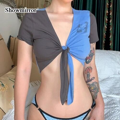Showmirror Letter Print Patchwork Short Sleeve Crop Top T Shirt V Neck Front Lace Up Casual T-shirt Women Fashion Summer 33578