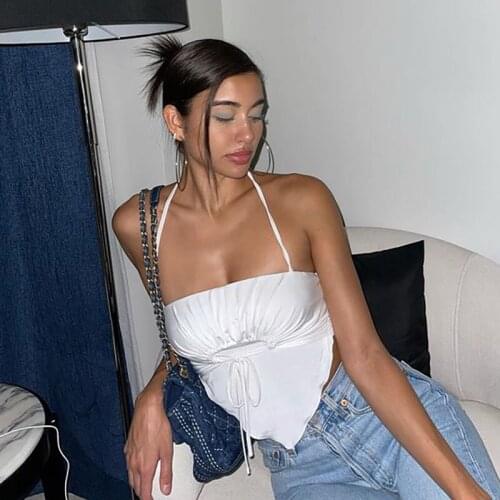 Tinastyle White Strapless Sexy Y2K Crop Top Women Summer 2021 Halter Backless Bandage Short Corset Tank Top Solid Party Club Tee