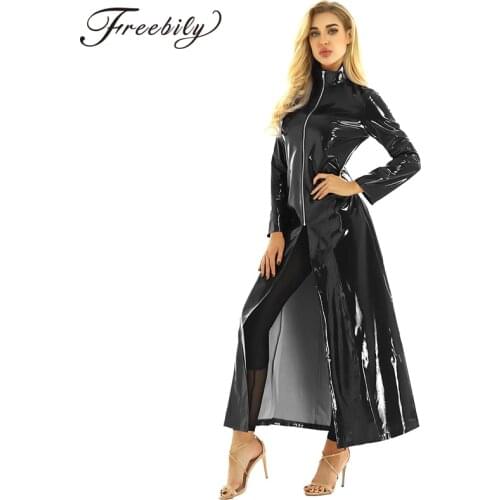 Unisex Men Women Sexy Night Party Clubwear Coat PVC Leather Wetlook Long Sleeve Festival Rave Performance Pole Dance Costume