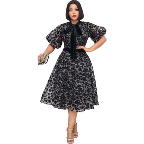 YZ-GZSC-0002 New temperament standing collar black flocking encryption mesh waist lace splicing fashion show thin dress