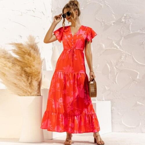 Boho Summer Dress Ladies V-neck Floral Print Button Lace Up Maxi Dresses For Women Sexy Short Sleeve Ruffles Party Robe New 2021