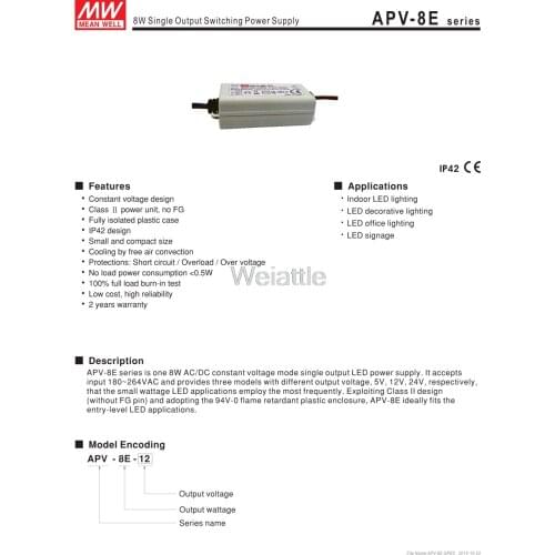 5V 12V 24V 0.34A 0.67A 1.4A APV-8E-12 MEAN WELL APV-8E-5 7W 8W AC-DC LED Lighting Drive Switching Power Supply Constant Voltage