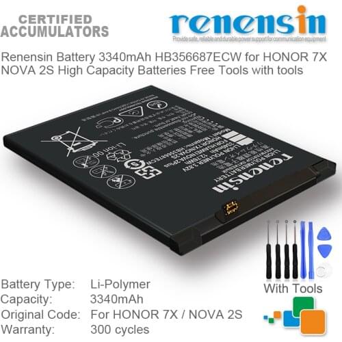 Renensin Battery 3340mAh HB356687ECW for HONOR 7X NOVA 2S High Capacity Batteries Free Tools with tools