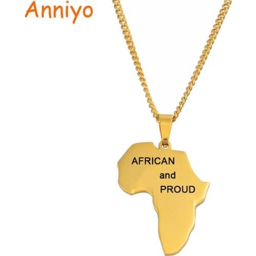 Anniyo "AFRICAN and PROUD" Africa Map Pendant Necklaces for Women Girls Stainless Steel African Maps Jewelry #055121P