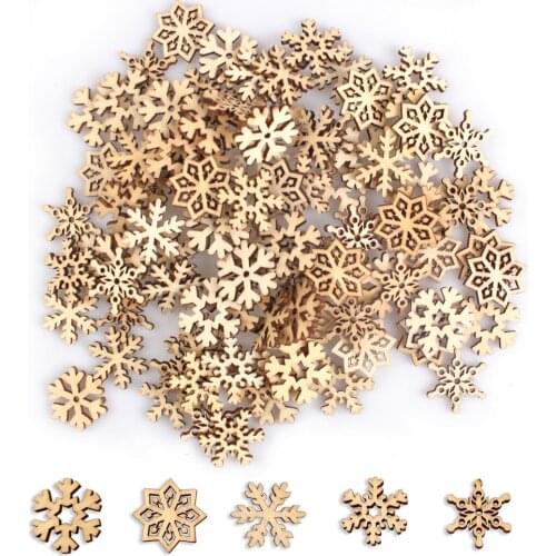 50pcs Natural Wood Chip Decoration Wooden Ornaments Christmas Decorations For Home Christmas Snowflake Shape Wooden Crafts