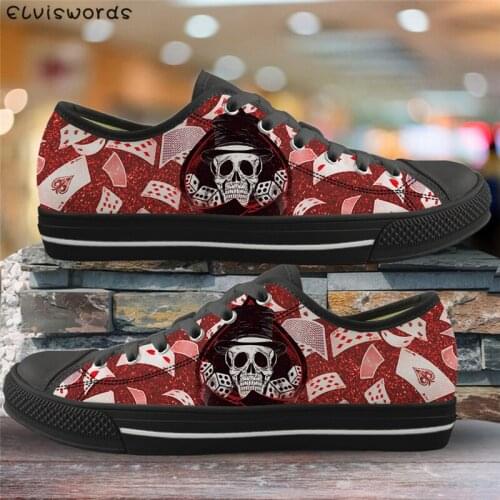 ELVISWORDS New Arrival Womens Vulcanize Shoes Poker Skull 3D Print Canvas Shoes for Female Travel Flat Shoes Soft Comfortable