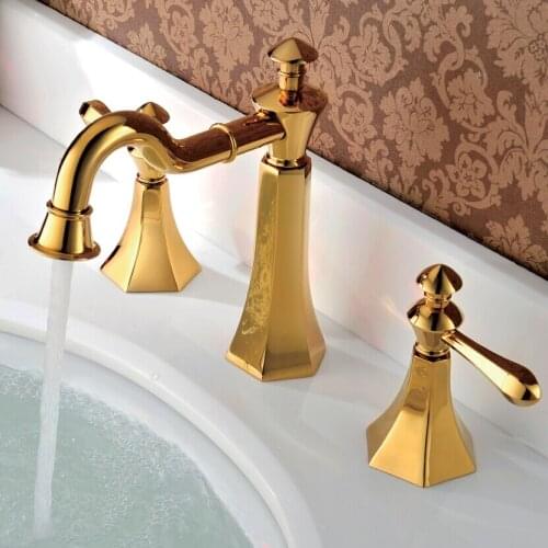 European classical imitation marble double three-hole split the whole golden copper basin taps positive brand factory outlets