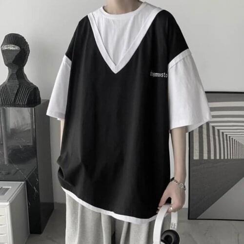 Fake two-piece T-shirt mens fashion loose Joker clothes 2021 new summer jacket short sleeves