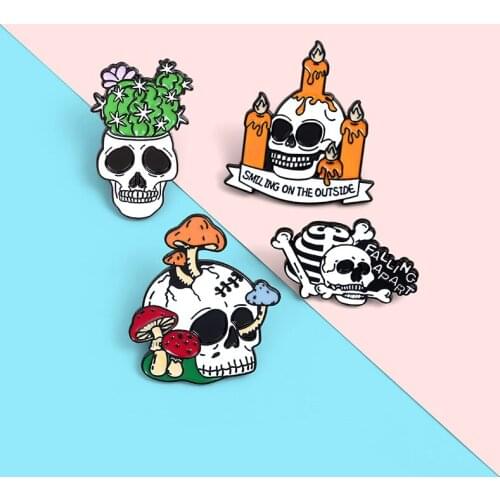 Halloween Skull Brooch Cartoon Mushroom Cactus Candle Badge Pin Alloy Paint Drip Enamel Badge Brooches Halloween Gift