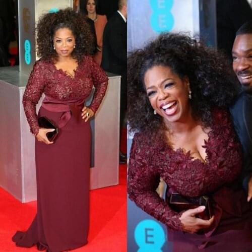 Red Carpet Plus Size Burgundy Mother Of The Bride Dresses Oprah Winfrey V-Neck Long Sleeve Sweep Train Evening Dresses