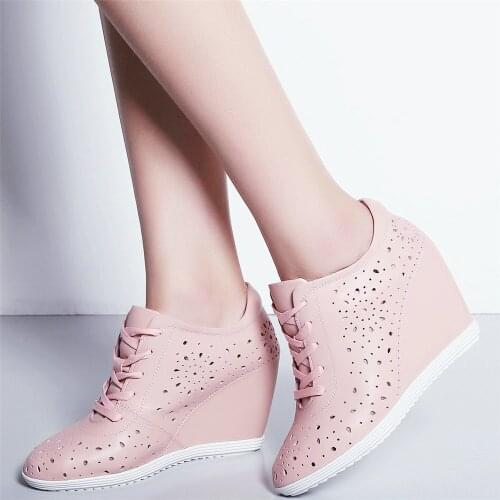 Fashion Sneakers Women Breathable Genuine Leather Wedges High Heel Ankle Boots Female Lace Up Round Toe Platform Oxfords Shoes