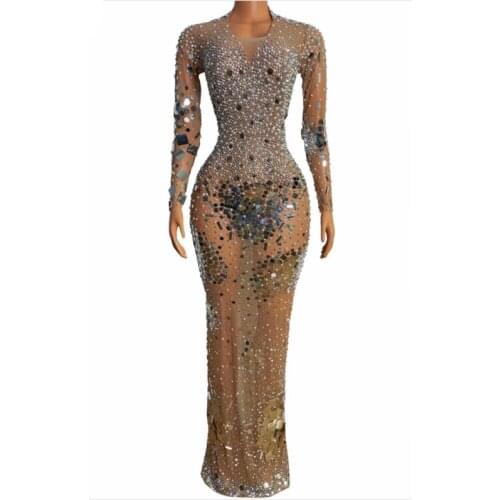 Women New Sparkly Silver Rhinestone Mirrors Pearls Transparent Dress Dancer Costume Celebrate Outfit Prom Evening Outfit Dress