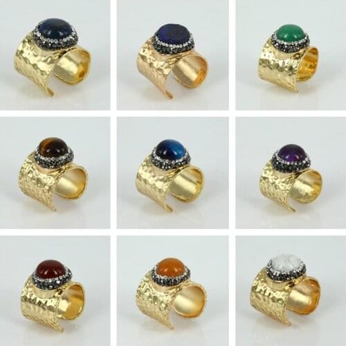 Charms Red Coral Brown Blue Tiger Eye Shell Pearl Green Gem Stone Rhinestone Surface Gold Color Hammer Open Big Ring Cuff