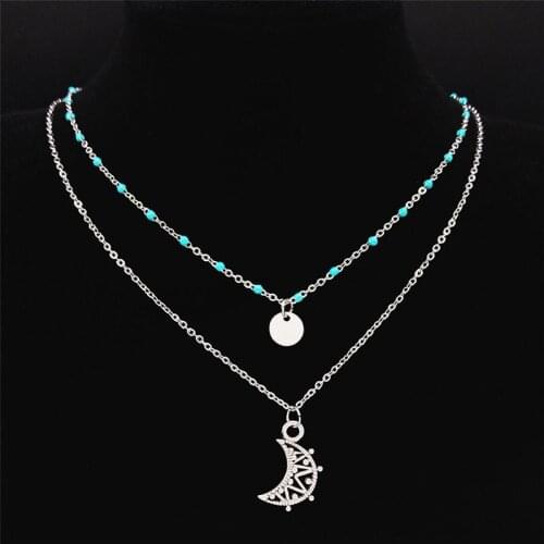 2021 Boho Moon Stainless Steel Green Layered Charm Necklace Men/Women Silver Color Jewelry collares bohemios mujer NXS04