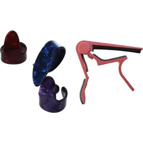 3 Finger Picks + 1 Thumb Pick Plectrums Guitar Plastic & 1pcs Quick Capo Acoustic Guitar Pink Electrica