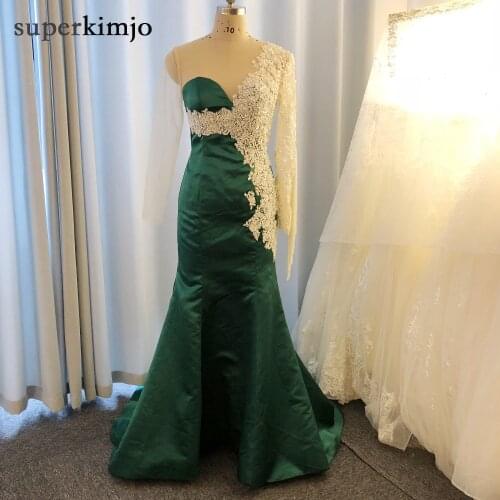 Real picture prom dresses 2020 sheer crew neckline pearls mermaid long sleeve beading tassel evening dresses green