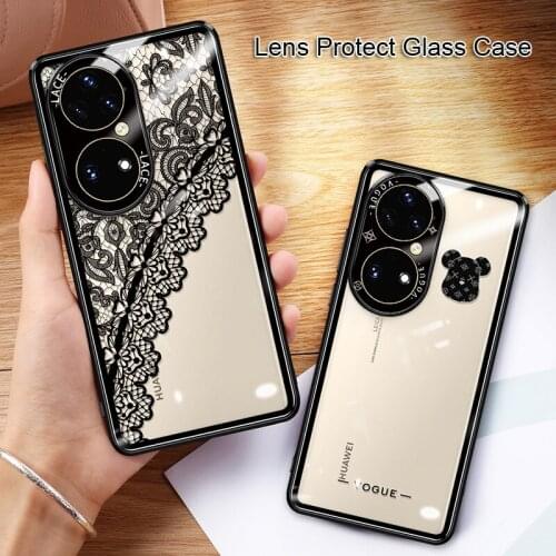 TPU Frame + girl Lace clear transparent Tempered glass protection phone case for huawei p 50 p50 p50 pro glass cover cases