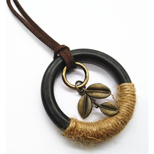 Leaf Brown Round Circle Gold Color Wood Fashion Charms Vintage Pendant Leather Pendant Necklace Women Sweater Chain Jewelry