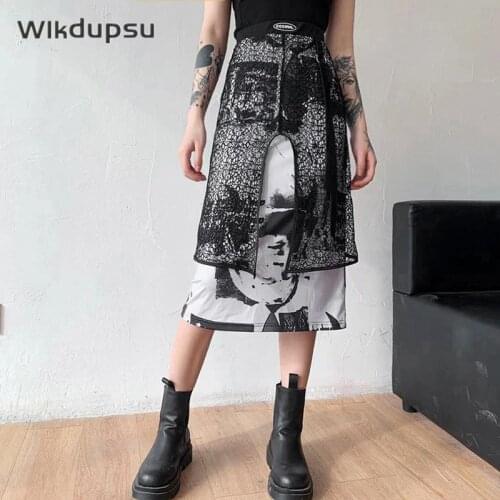 Midi Long Skirts Womens High Waist Skirt Goth Lolita Spring Summer Vintage Lace Cotton Harajuku Fashion Black Streetwear Skirts