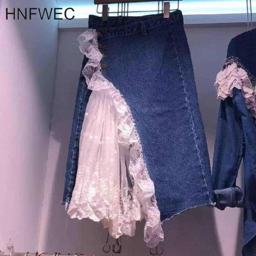 Summer 2019 Fashion Denim Patchwork Asymmetrical Mesh Lace Singel Breasted High Street Skirt Women Fashion Tide E206