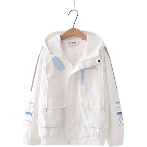 Letter Patchwork Zipper Women Hooded Jacket Coat 2021 Autumn Winter Long Sleeve Korean Fashion Female Casual Basic Outwears