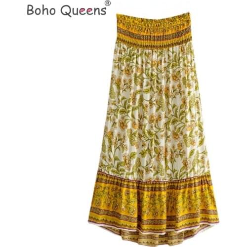 Boho Queens fashion Vintage women beach Bohemian floral print skirt High Elastic Waist Maxi A-Line Boho Skirt Femme