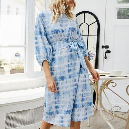 Women Dress 2021 Summer Fashion tie dye Print Long Dress Women Elegant With Belt Long Sleeve Casual Dresses