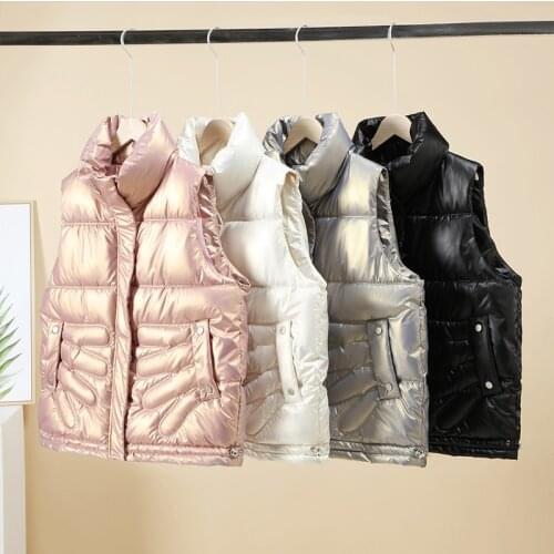 Stand Collar Womans Glossy Jacket Vest Casual Loose Zipper Sleeveless Ladies Waistcoat Female Solid Cotton Padded Vests Outwear