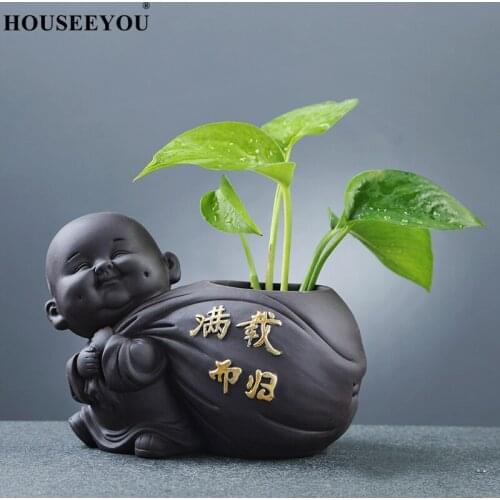 1PCS Ceramic Tea pet Small Buddha Statue Monk Figurine Ornaments Desktop Flower Pot Purple Ceramic Decoration Tea Accessories