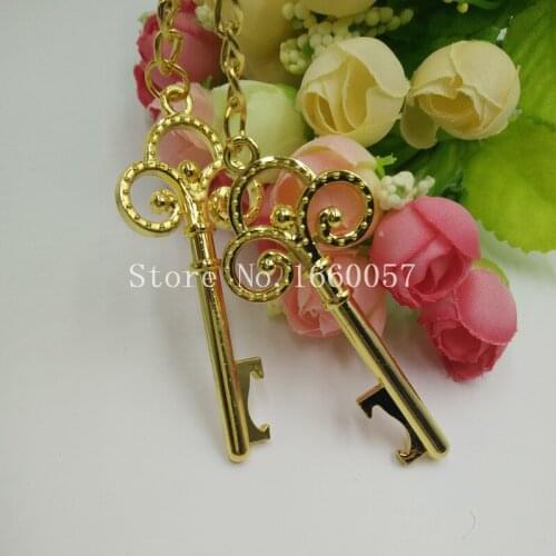 100pcs Wedding Favors Gift Gold Crown Key Shape Bottle Opener Keychain Multifunctional Keyring For Guest+DHL Free Shipping