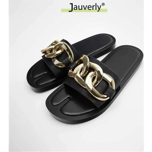 2021 Summer Black Leather Women Slippers INS Style Sandals Brand Designer Golden Metal Chain Flat Slides Casual Split Toe Shoes