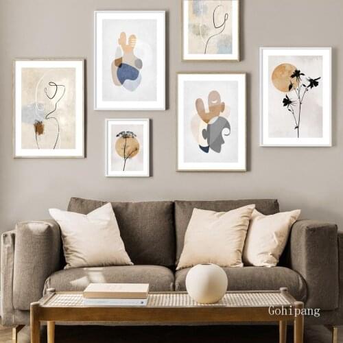 Abstract Line Wall Art Canvas Painting Nordic Girl Moon Plant Flower Posters and Prints Wall Pictures for Living Room Home Decor