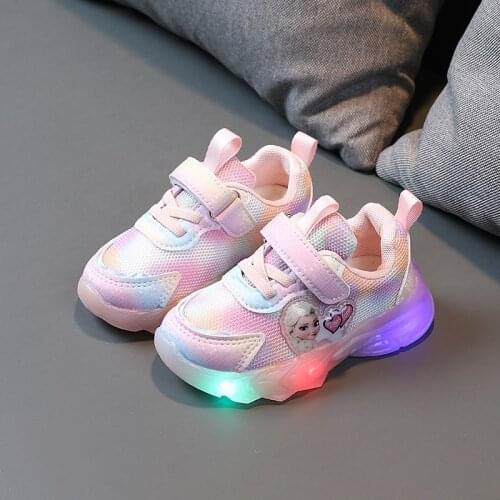 Disney Childrens Frozen Princess Girl Sneakers LED Non-slip Soft Kids Casual Sports Shoes Student Running Shoes Light Up