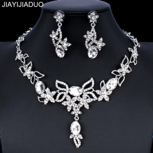 Jiayijiaduo African Jewelry Set for Glamour Womens Wedding Jewelry Crystal Necklace Earrings Set Silver Color dropshipping