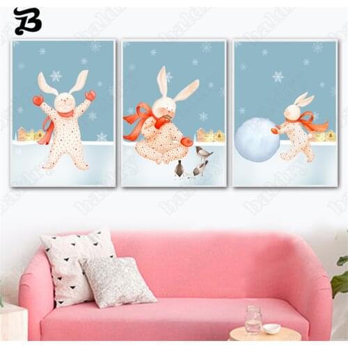 Canvas Painting Wall Art Cartoon Cute Rabbit Winter Landscape Nordic Posters and Prints Animal Wall Pictures Kid Room Home Decor