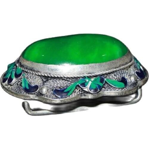 Chinese Old Craft Made Old Tibetan Silver Cloisonne Inlaid Green Jade Belt Buckle