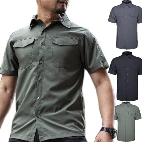 2020Summer quick dry basis Military Tactical Shirts Men Solid short Sleeve Casual Dress Shirts Male Cargo Work Shirts Male Tops
