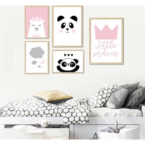 Little Princess Crown Poster Pink Panda Bear Canvas Print Cloud Nursery Wall Art Painting Nursery Wall Pictures Girls Room Decor