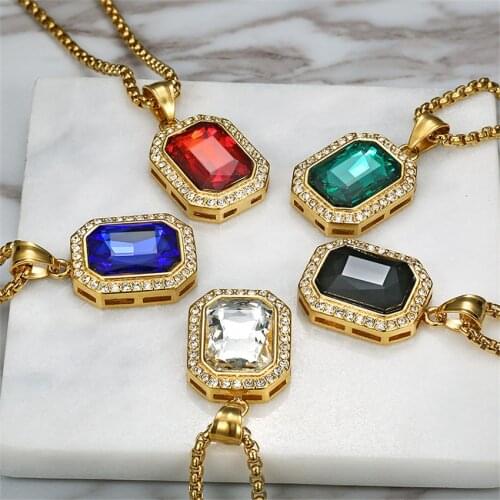 Mens Hip Hop Iced Out Rhinestone Necklace Gold Color Stainless Steel Small Square Pendant Necklace Male Jewelry Gift