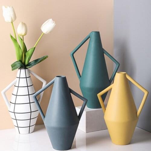 Nordic Morandi Carry Handle Vase Ornaments Living Room Flower Arrangement Dried Vases Container Home Decoration Accessories Gift