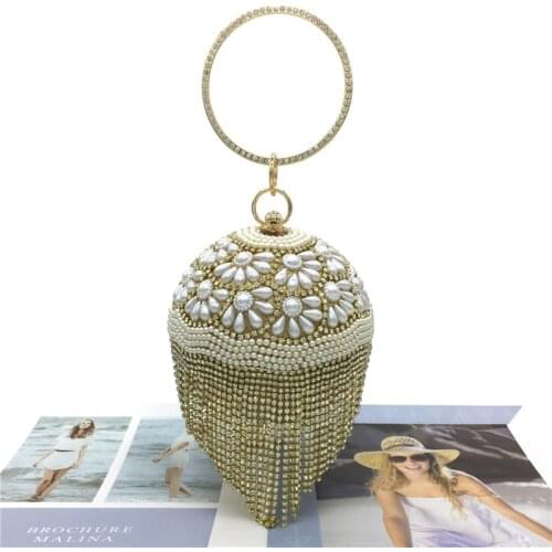 Luxury Round Pearl Clutch Bag for Women Elegant Diamond Tassel Evening Bag Gold Silver Wedding Party Purse and Handbag ZD1879