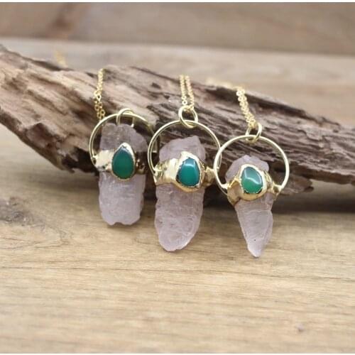 Raw Crystal Point Inlay Green Agates Hoop Pendants Golden Chains,Natual Quartz Charms Necklace Women Jewelry Dropshipping,QC3070