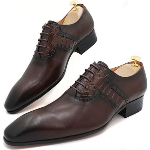 Elegant Mens Dress Shoes Genuine Leather Oxford Shoes Black Brown Lace Up Pointed Toe Office Wedding Business Men Formal Shoes