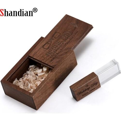 SHANDIAN Wooden box USB flash drives Crystal Pen drive Waterproof Memory stick pendrive 128GB 32GB 64GB Wedding gift Thumb drive