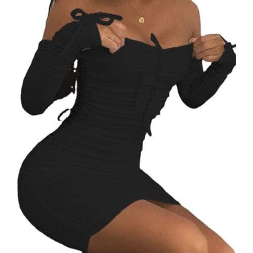 2021 Spring Summer Fashion Solid Party Sexy Slim Dresses Women Elegant Long Sleeve Ruched Club Dress Mini Tight Strapless